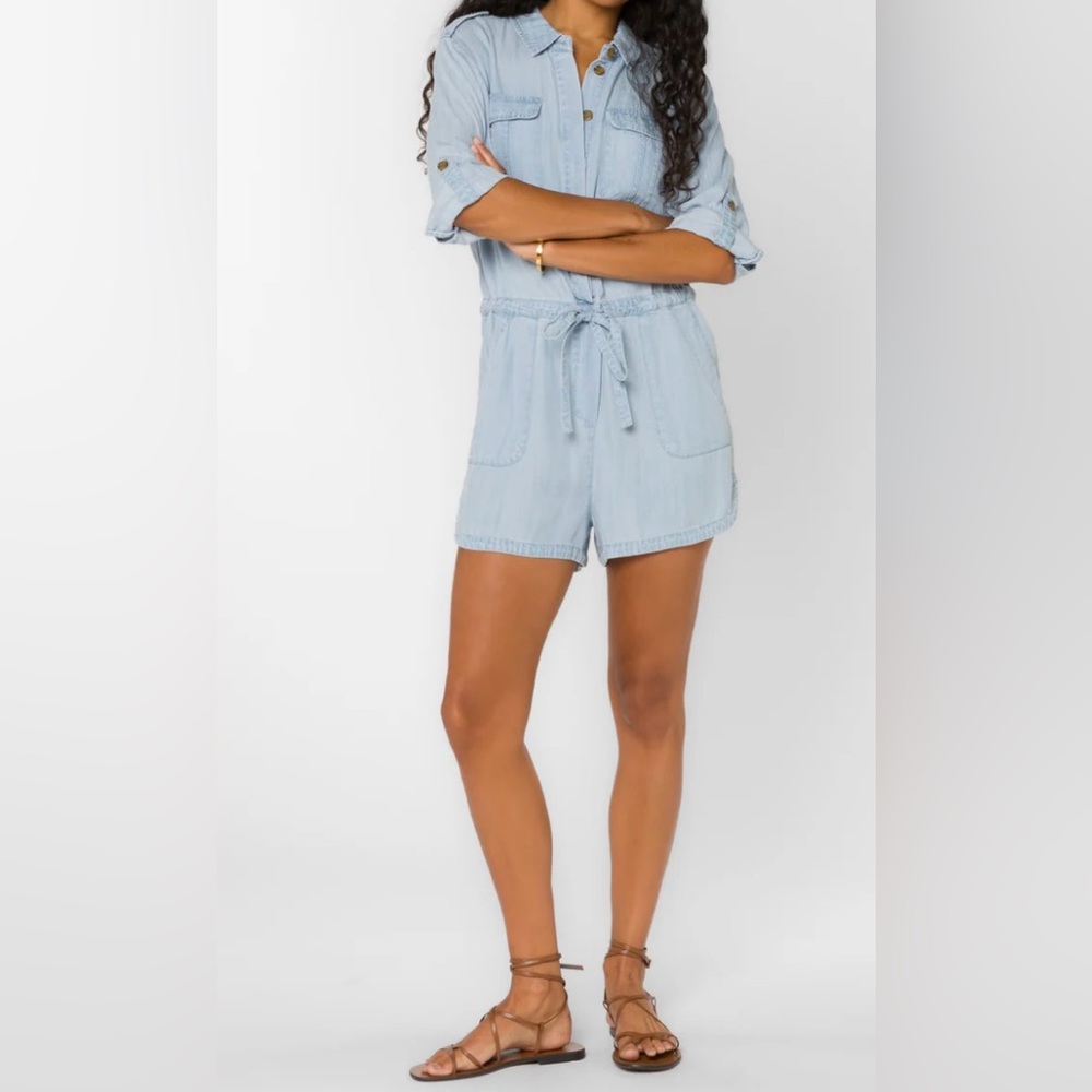 Emphasis- Luba Denim Romper in a Light Blue Color